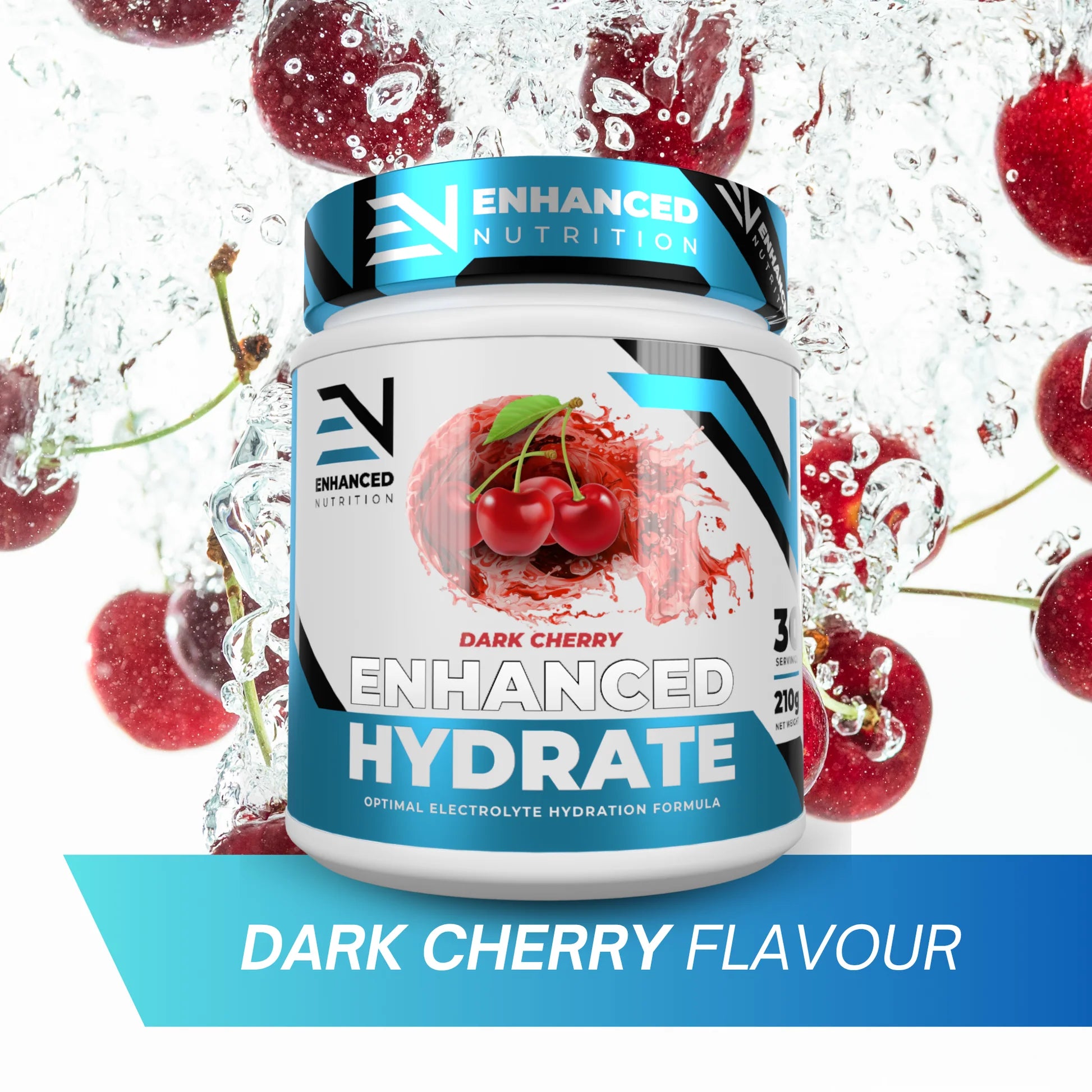 Enhanced Nutrition Dark Cherry Flavour supplement bottle with cherries in the background