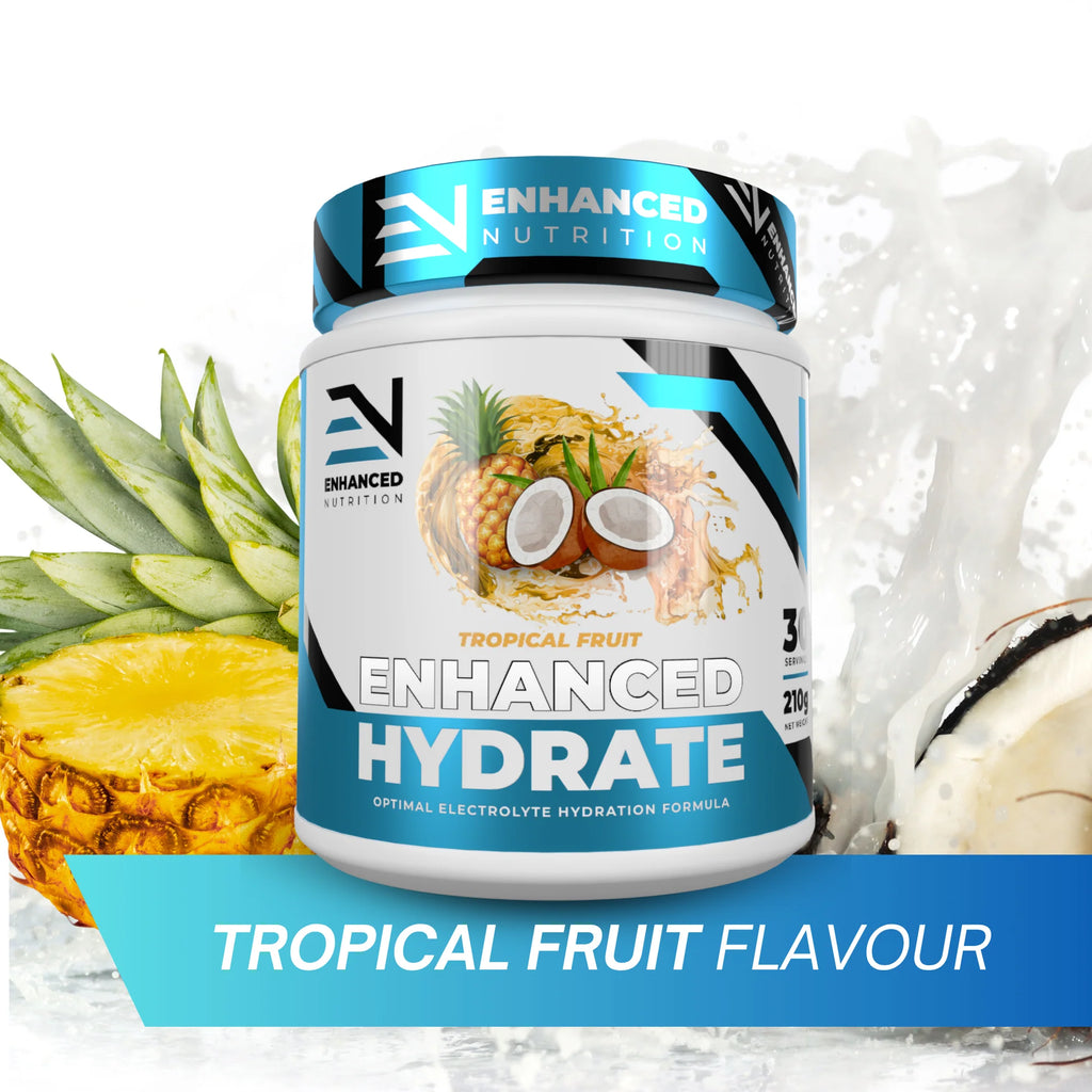 Enhanced Nutrition Hydrate supplement container with tropical fruit elements on a white background