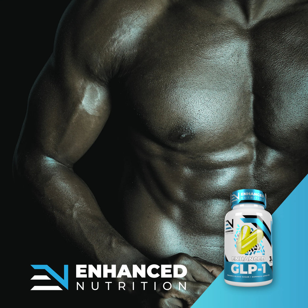 Muscular man with Enhanced Nutrition GLP-1 supplement bottle on a dark background