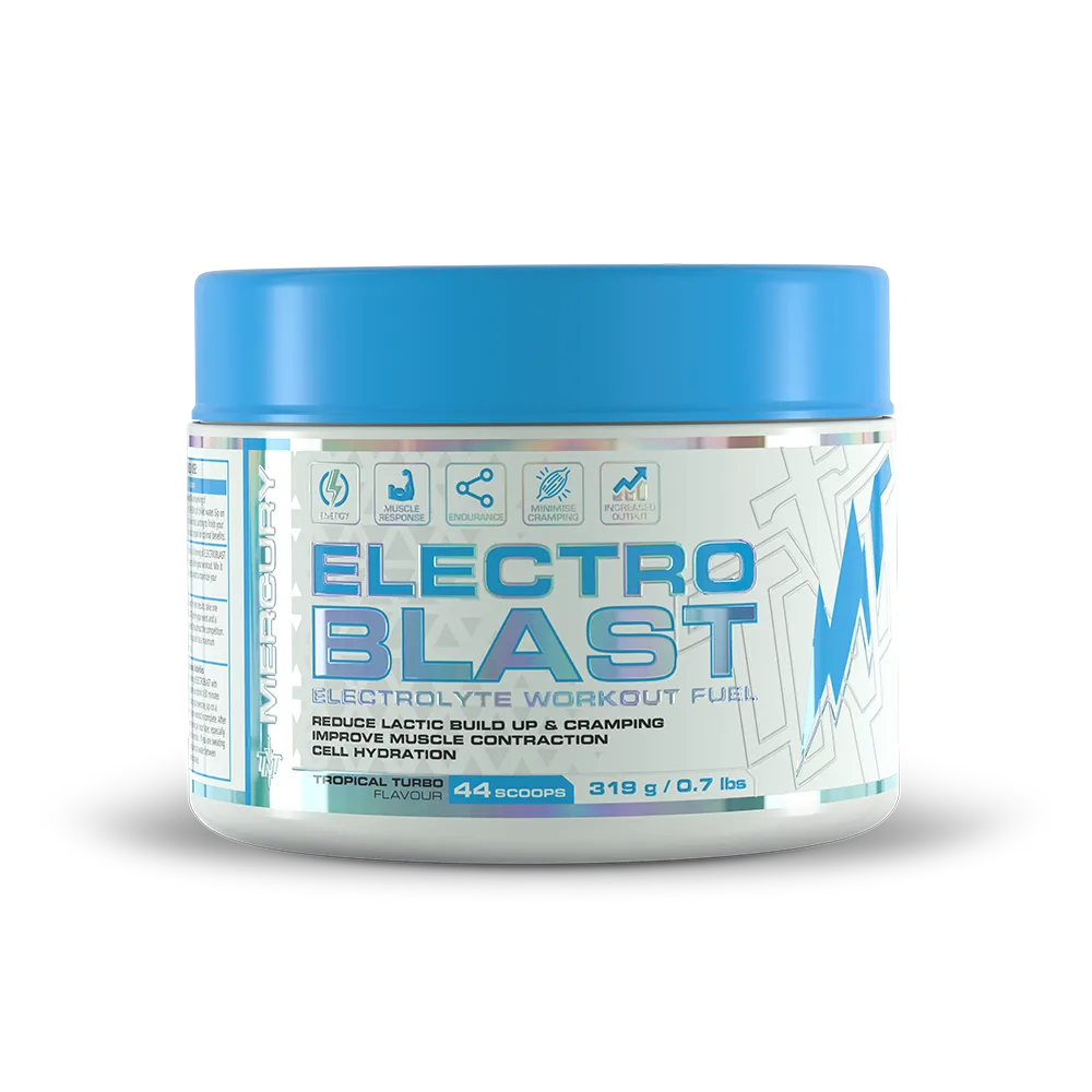 Container of Electro Blast electrolyte powder with blue lid on a white background Muscle Mecca