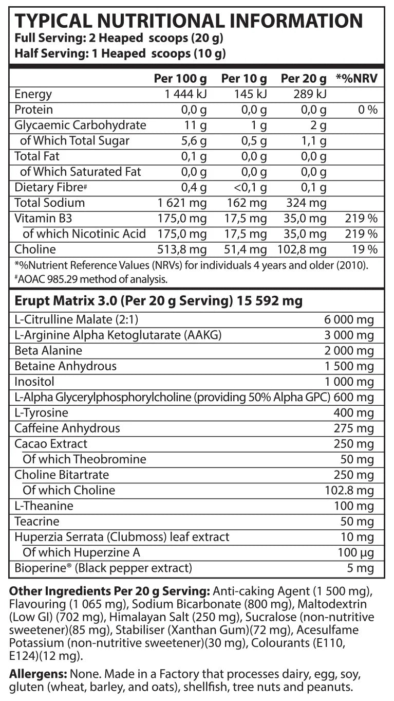 Nutritional information label for a supplement product Muscle Mecca