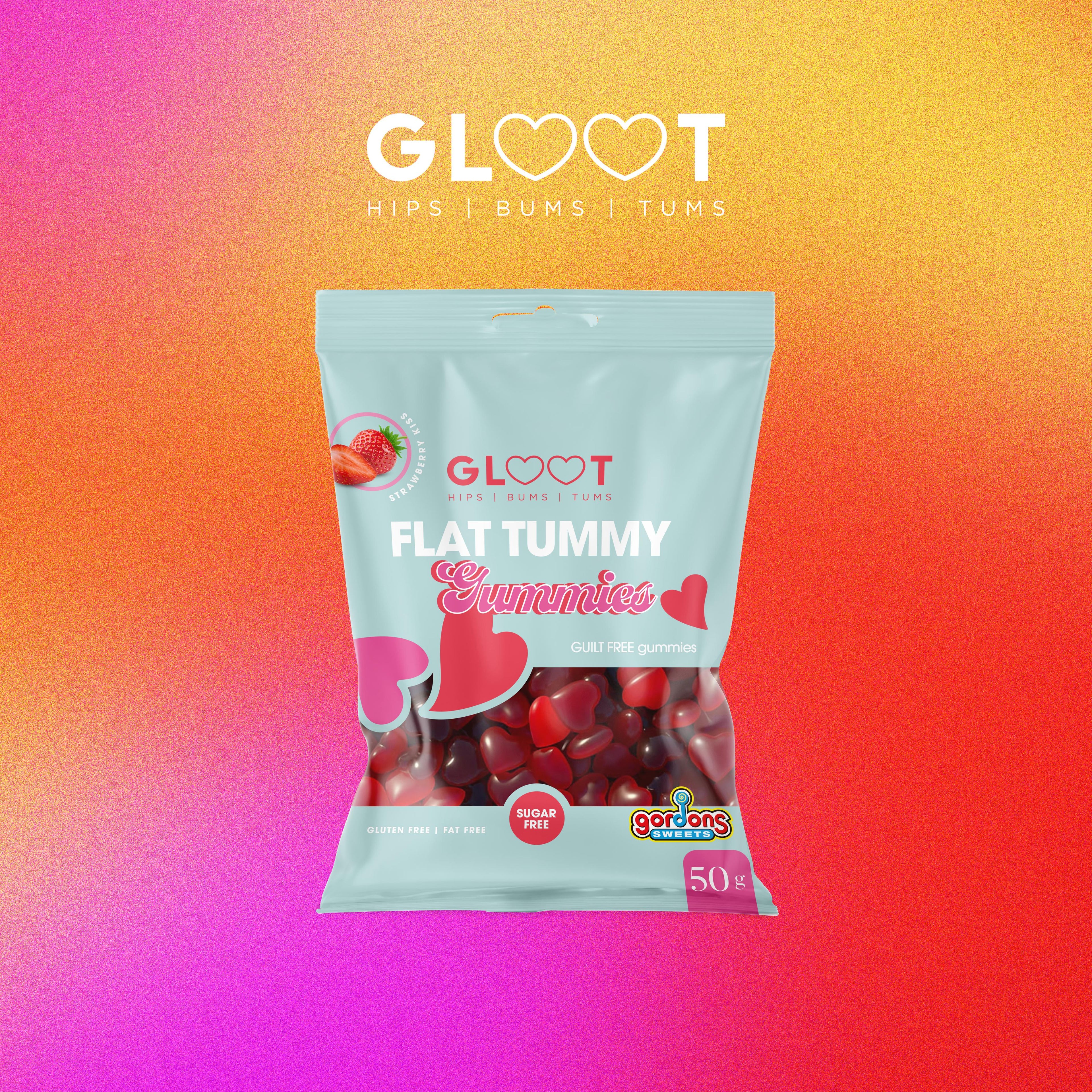 GLOOT Flat Tummy Gummies packaging on a colorful gradient background Muscle Mecca