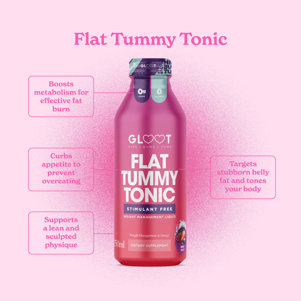 Bottle of Flat Tummy Tonic with features on a pink background Muscle Mecca