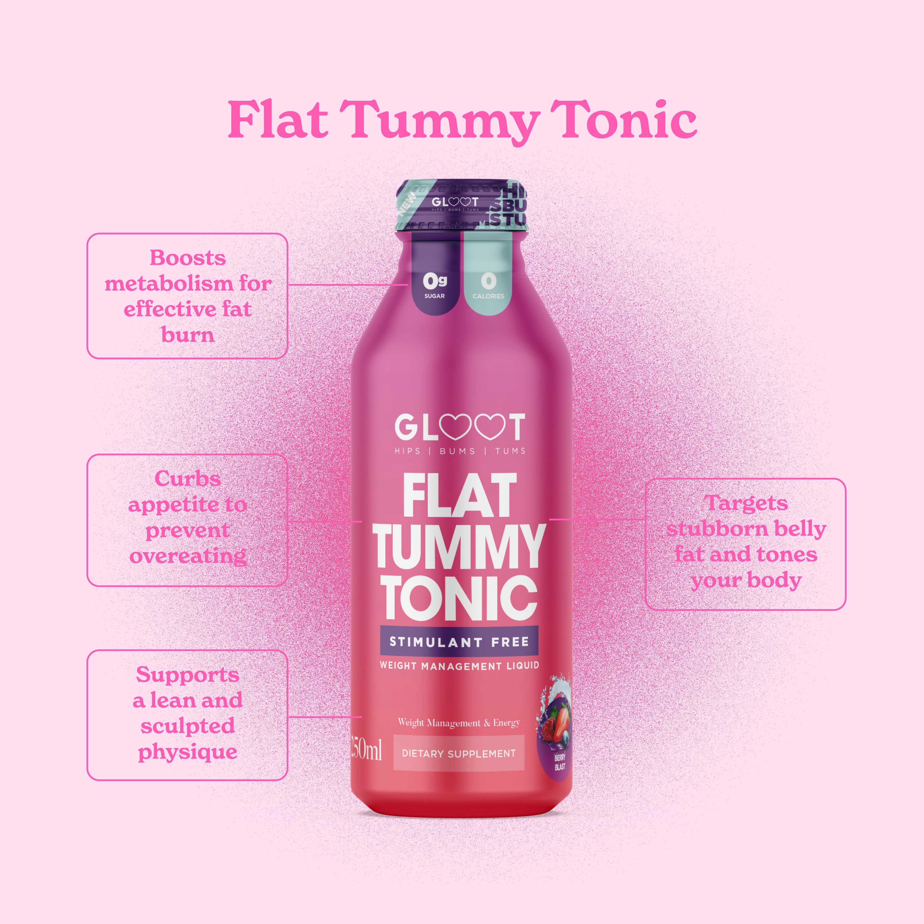 Bottle of Flat Tummy Tonic with features on a pink background Muscle Mecca