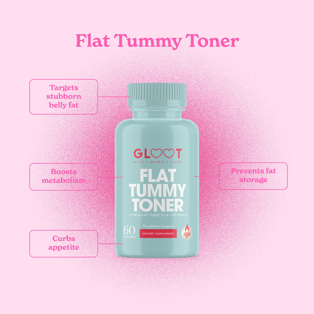 Bottle of GloTummy Flat Tummy Toner on a pink gradient background with text highlighting benefits. Muscle Mecca