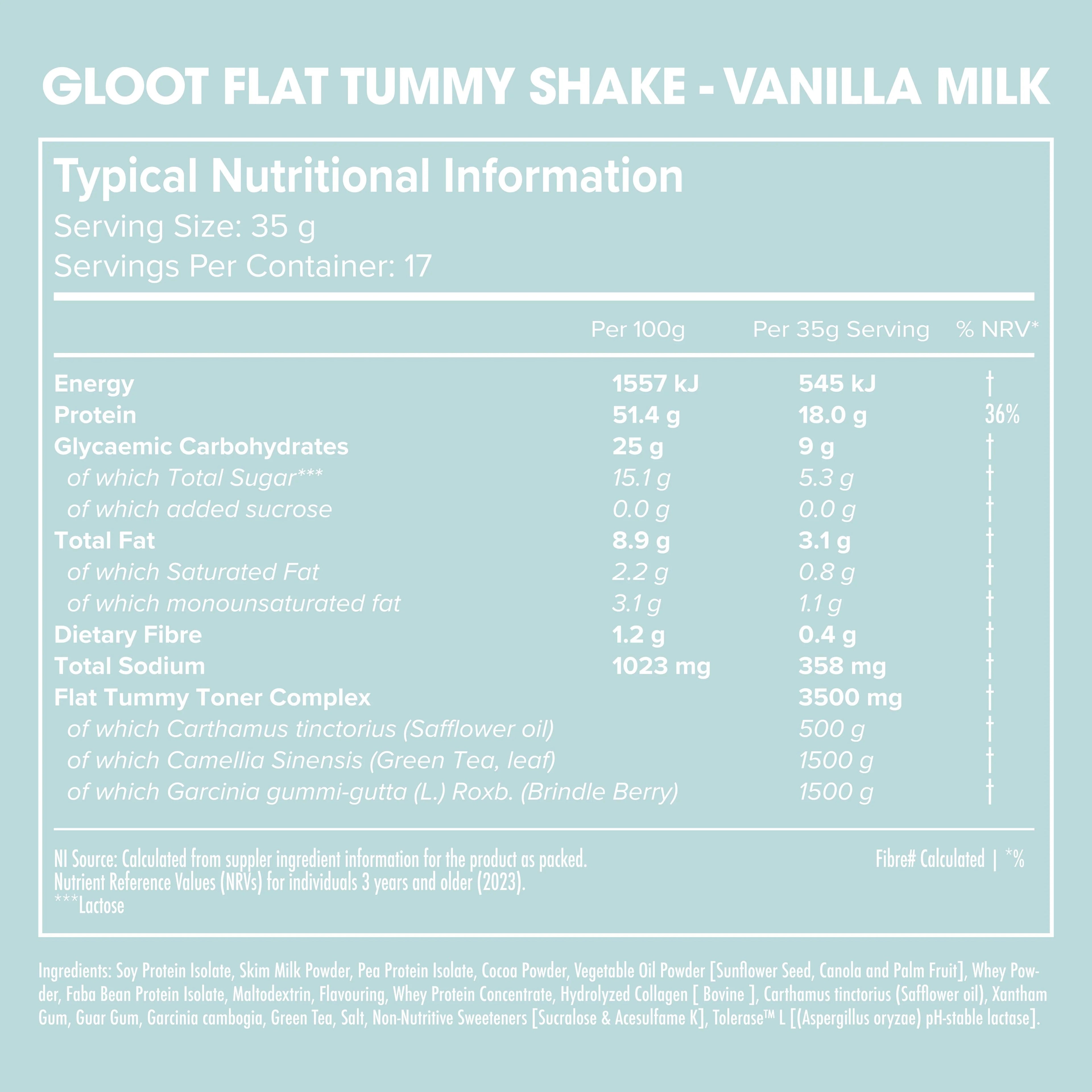 Nutritional information for Gloot Flat Tummy Shake Vanilla Milk on a light blue background Muscle Mecca