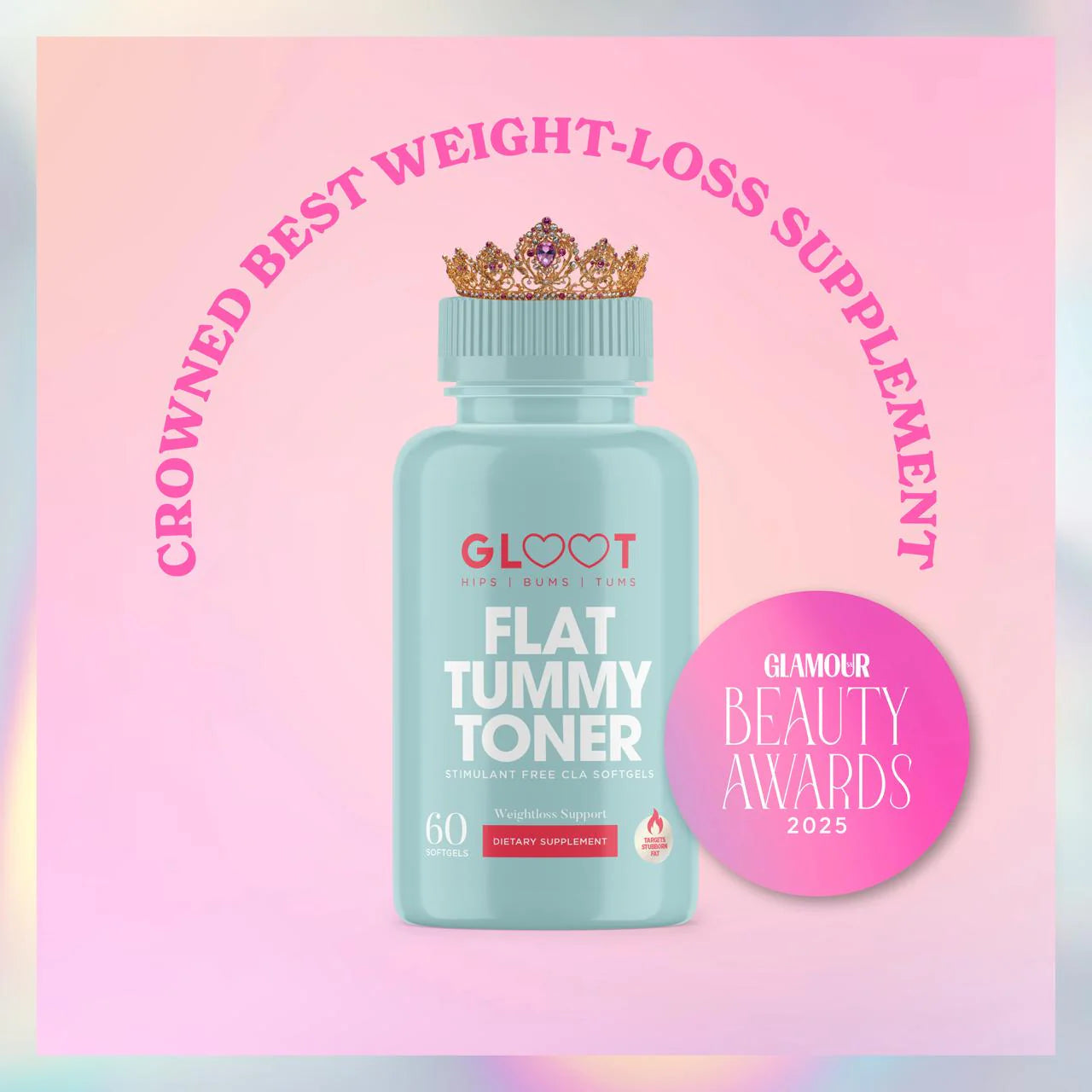GLO<3T Flat Tummy Toner supplement bottle with a crown on a pastel gradient background. Muscle Mecca