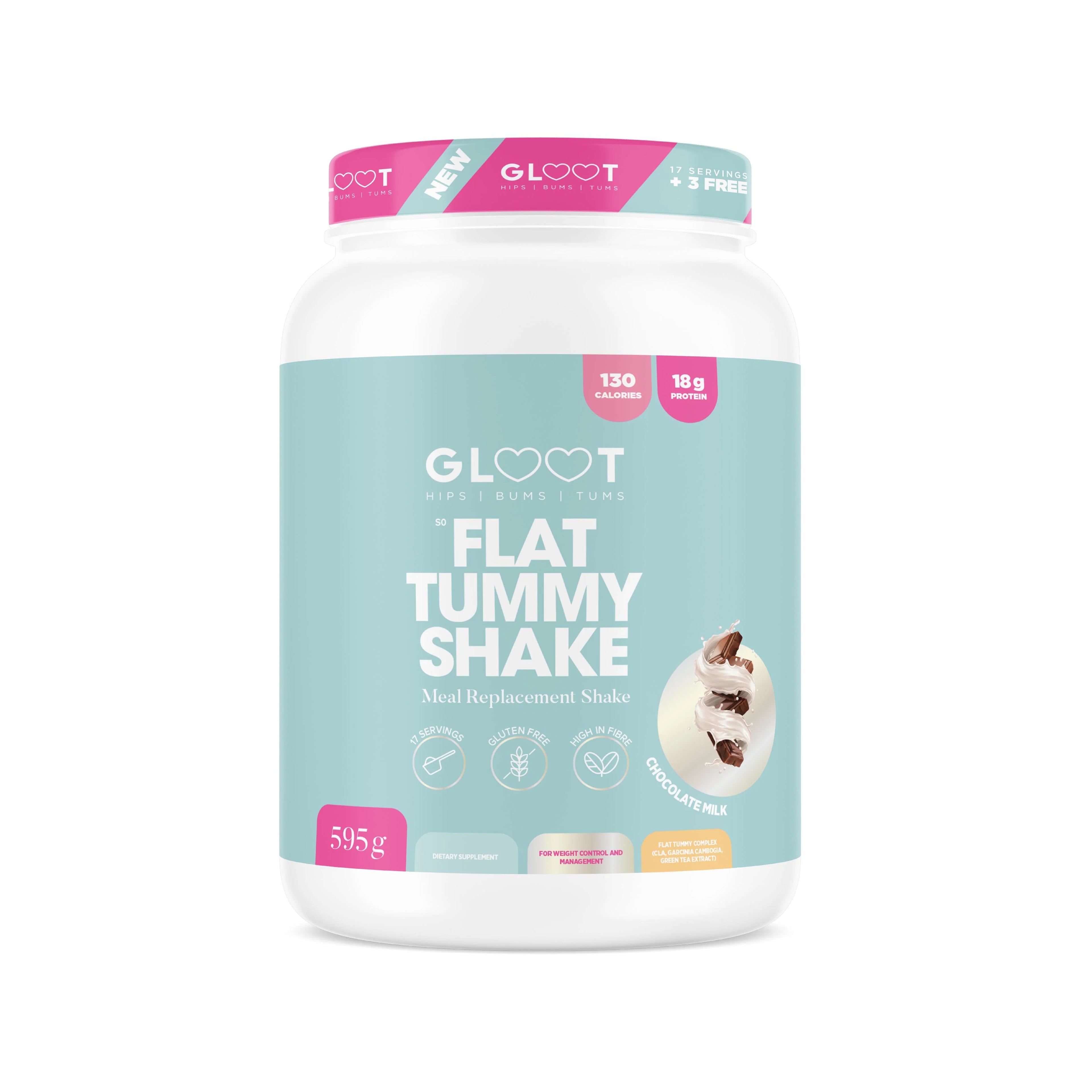 GLOOT Flat Tummy Shake container on a white background Muscle Mecca