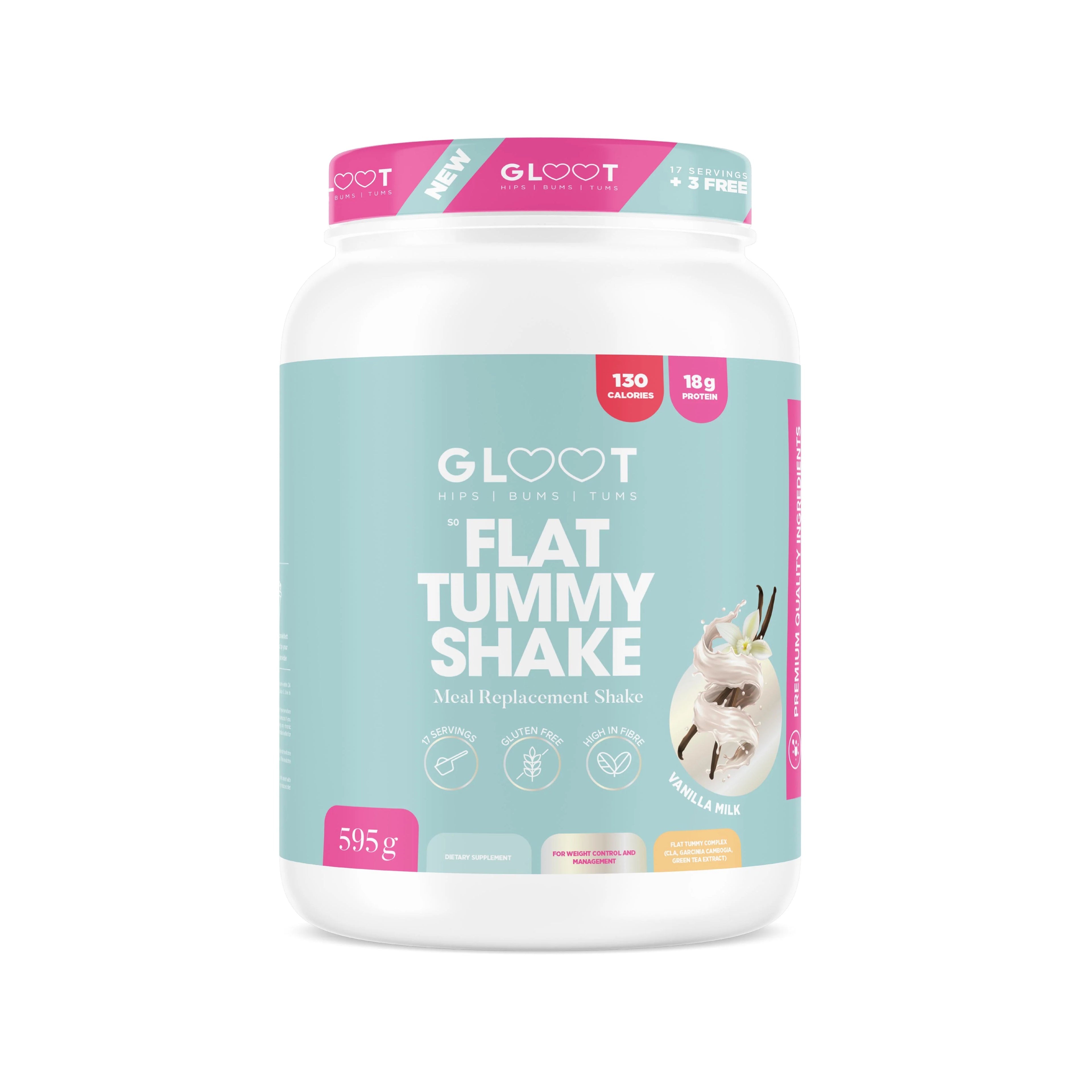 Gloot Flat Tummy Shake container on a white background Muscle Mecca