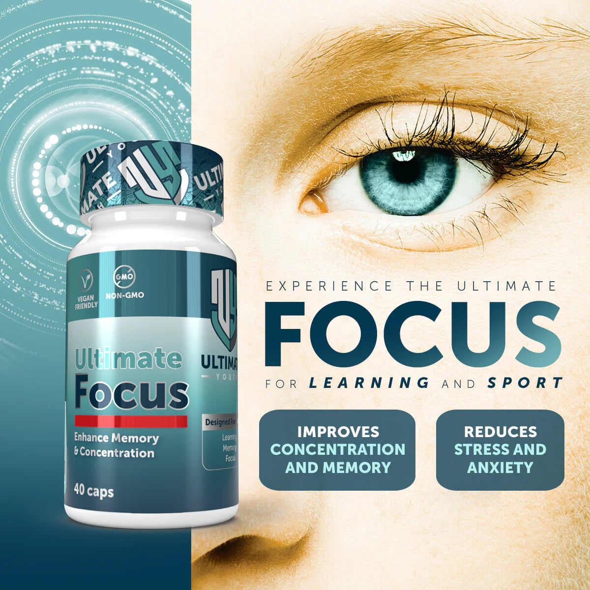 Bottle of Ultimate Focus supplement with a close-up of an eye and promotional text on a blue background