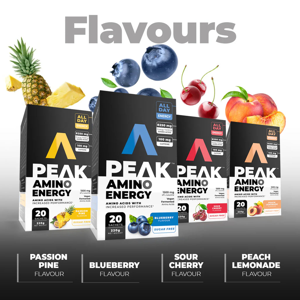 Four boxes of Peak Amino Energy with fruit illustrations and flavor names below. Muscle Mecca