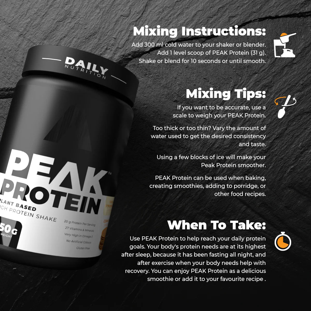 Peak Protein container with mixing instructions on a dark background Muscle Mecca