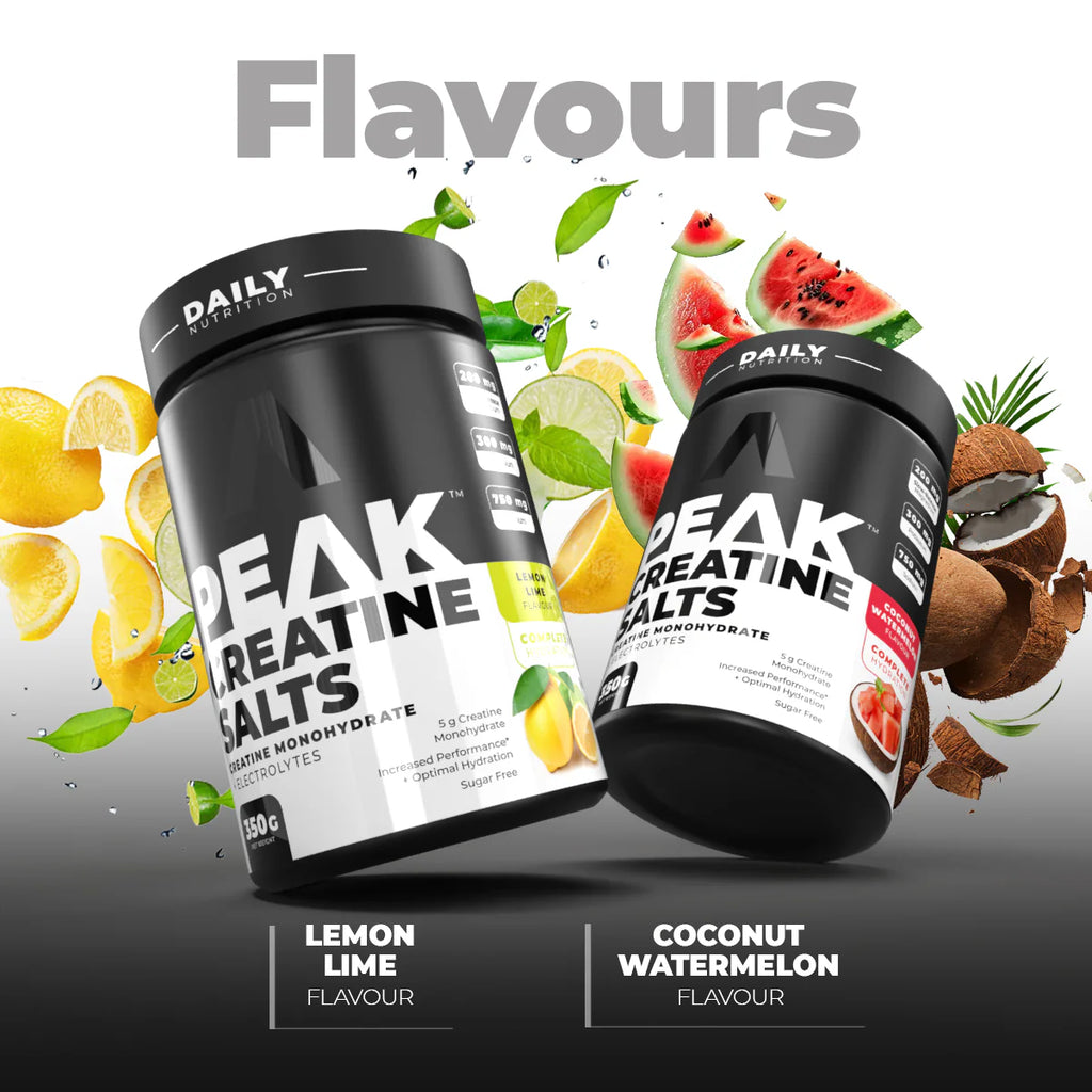 Two containers of Peak Creatine Salts with lemon lime and coconut watermelon flavors on a colorful background. Muscle Mecca