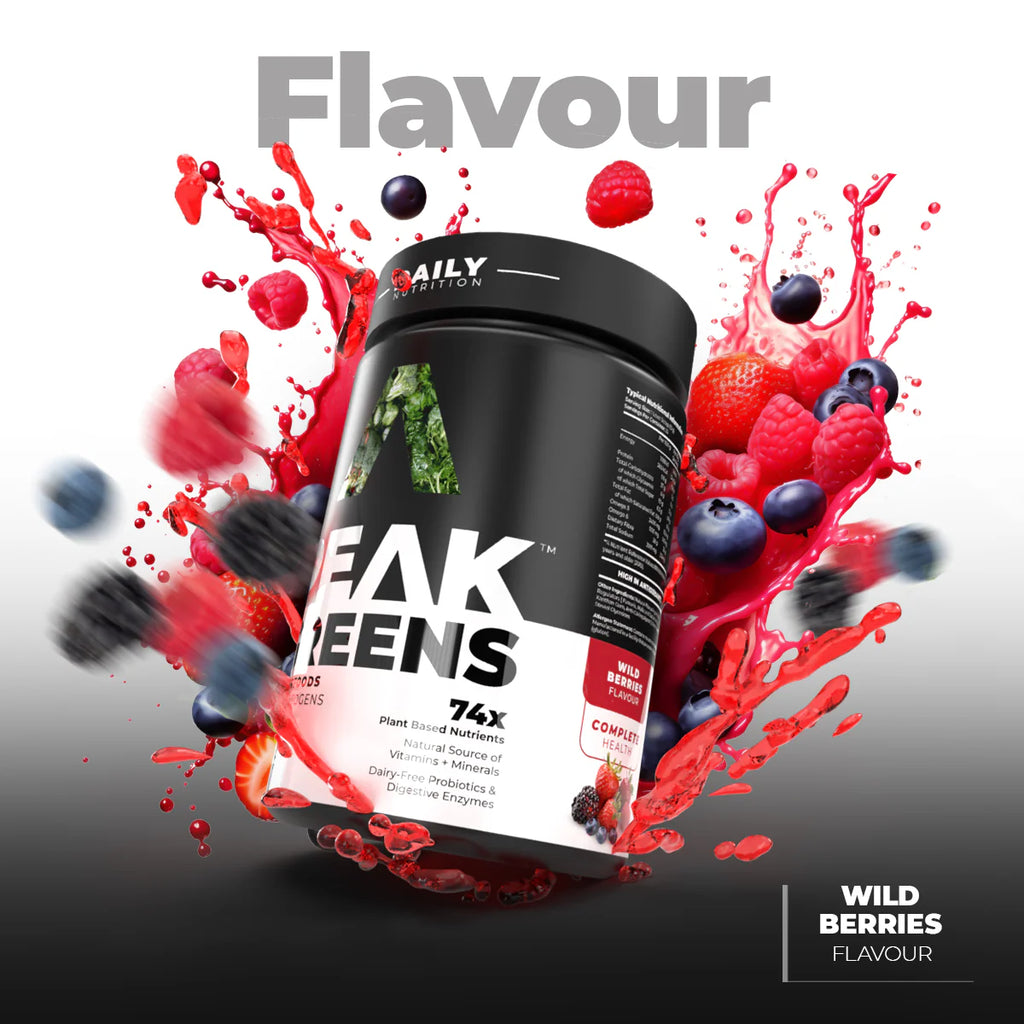 Supplement container with berries and splashes on a white background Muscle Mecca