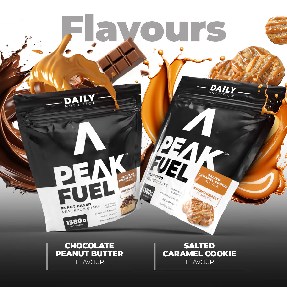Peak Fuel food shake packages with flavor options and visual elements of chocolate and caramel. Muscle Mecca