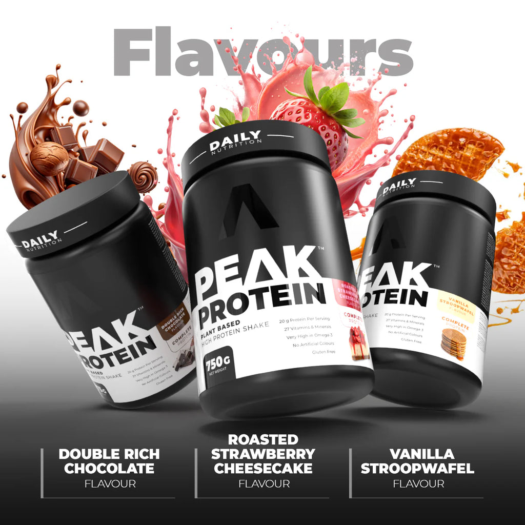 Three containers of Peak Protein with flavor text and images on a white background Muscle Mecca