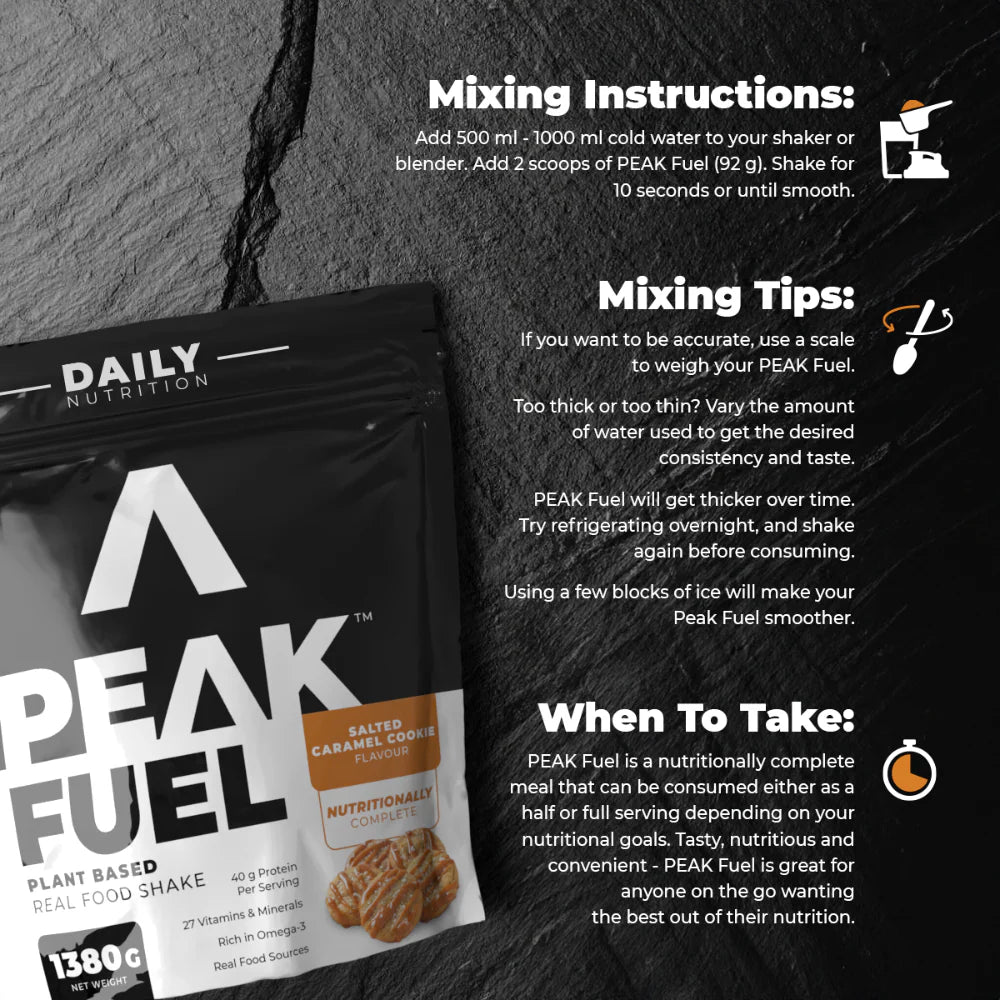 PEAK Fuel package with mixing instructions on a dark background Muscle Mecca
