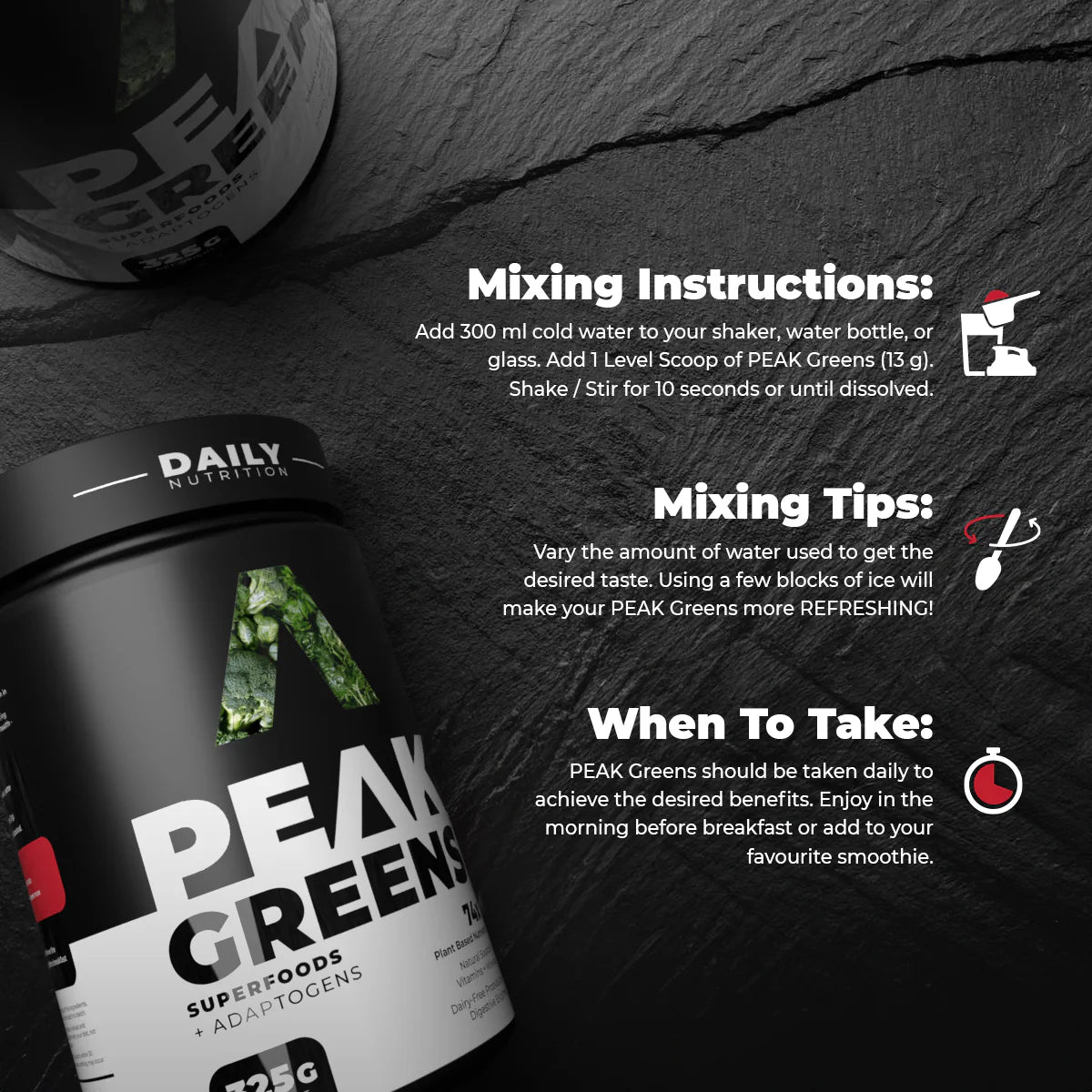 Peak Greens supplement container with mixing instructions on a dark background Muscle Mecca