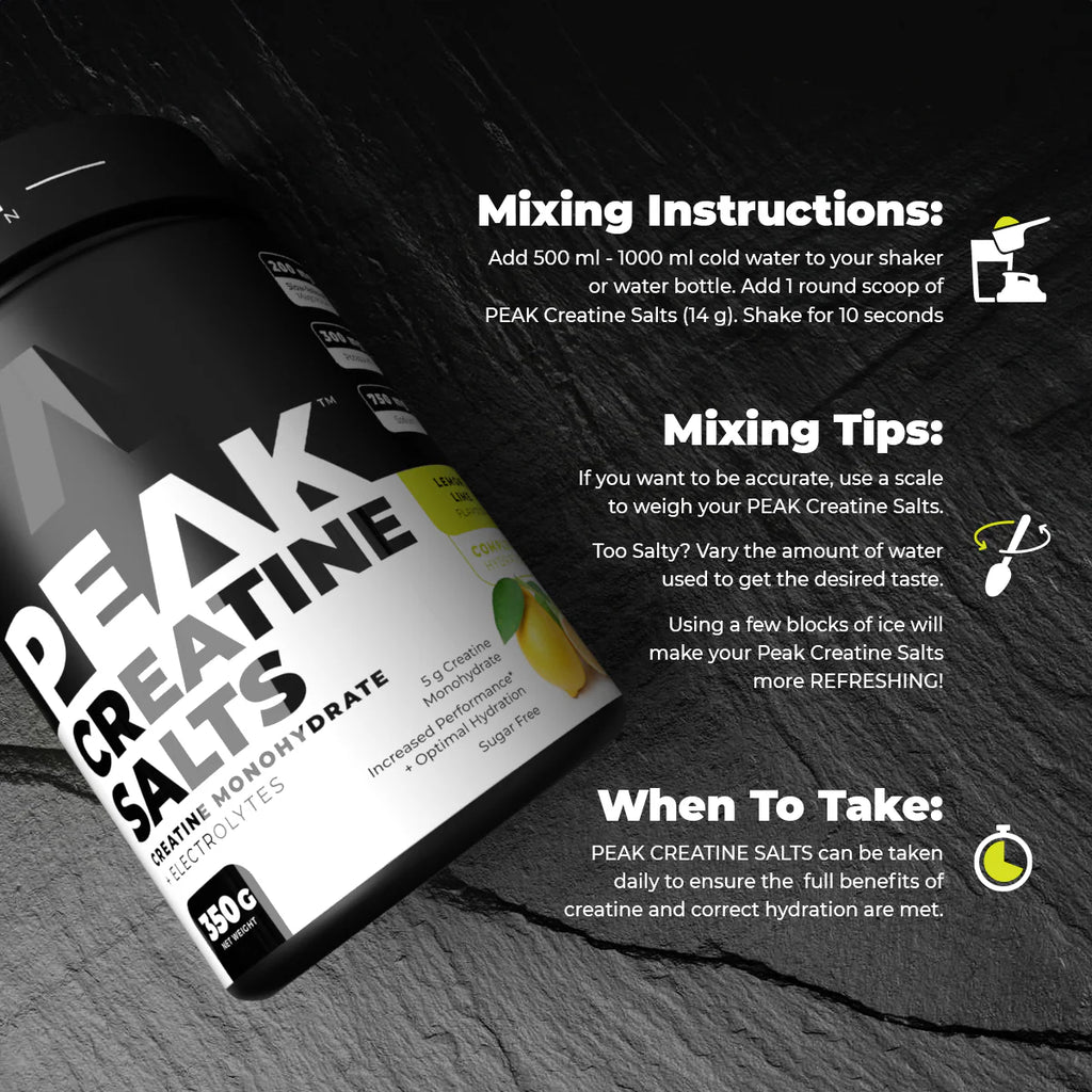 PEAK Creatine Salts container with mixing instructions on a dark background Muscle Mecca