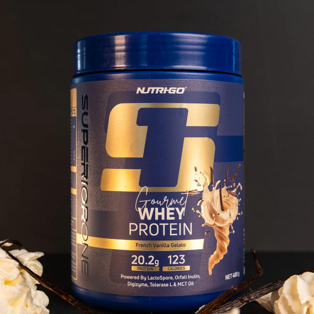NUTRiGO Gourmet Whey Protein container with vanilla ice cream in the foreground Muscle Mecca