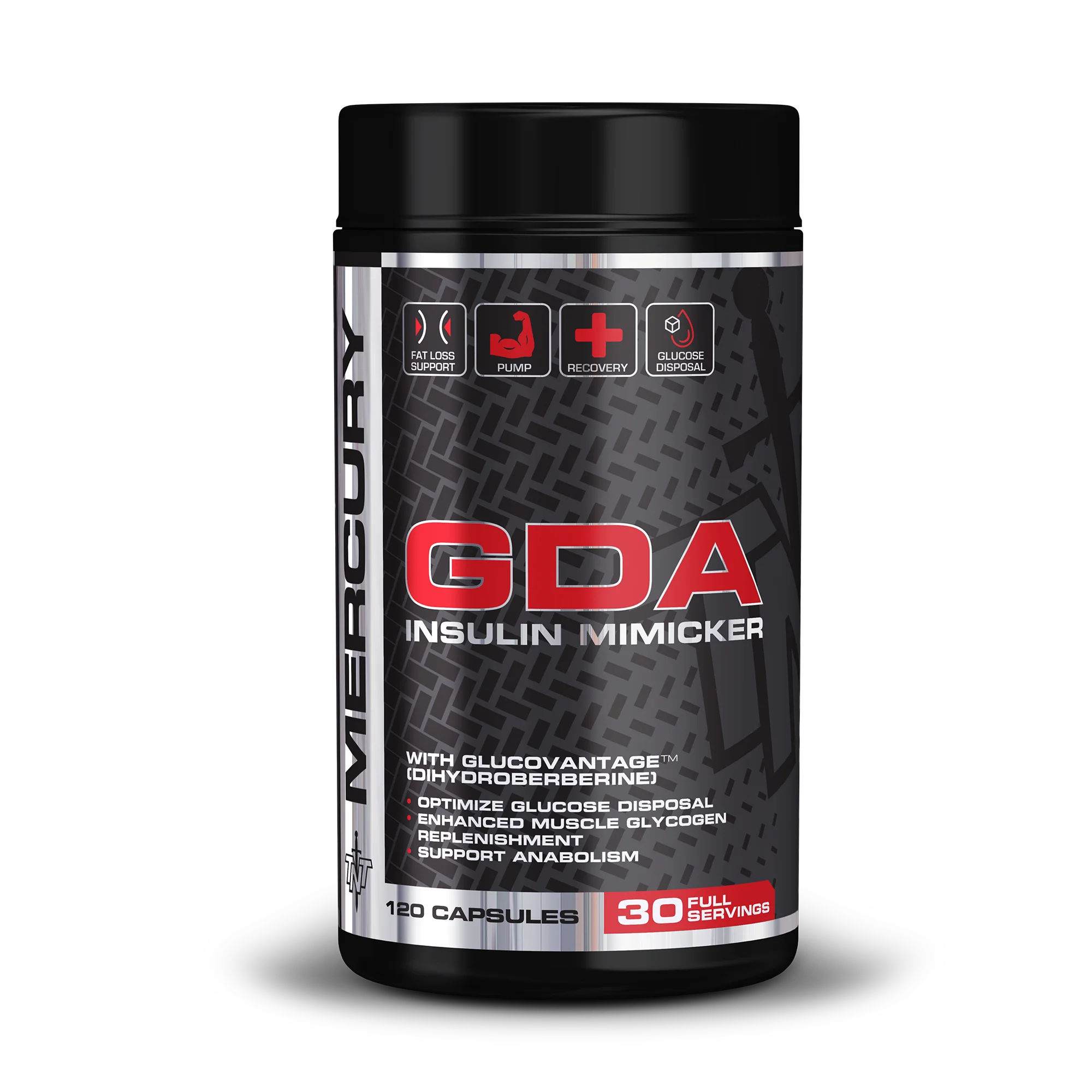 Supplement container labeled 'GDA Insulin Mimicker' by Mercury on a white background Muscle Mecca