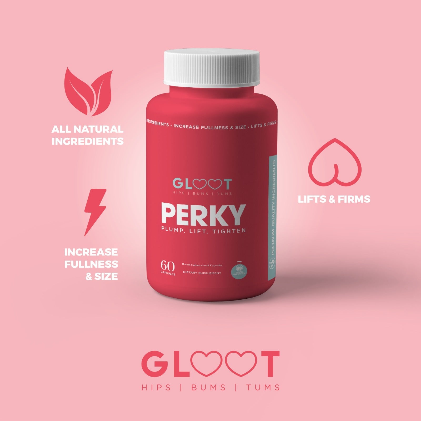 Red supplement bottle labeled 'PERKY' with GLOOT branding on a pink background Muscle Mecca
