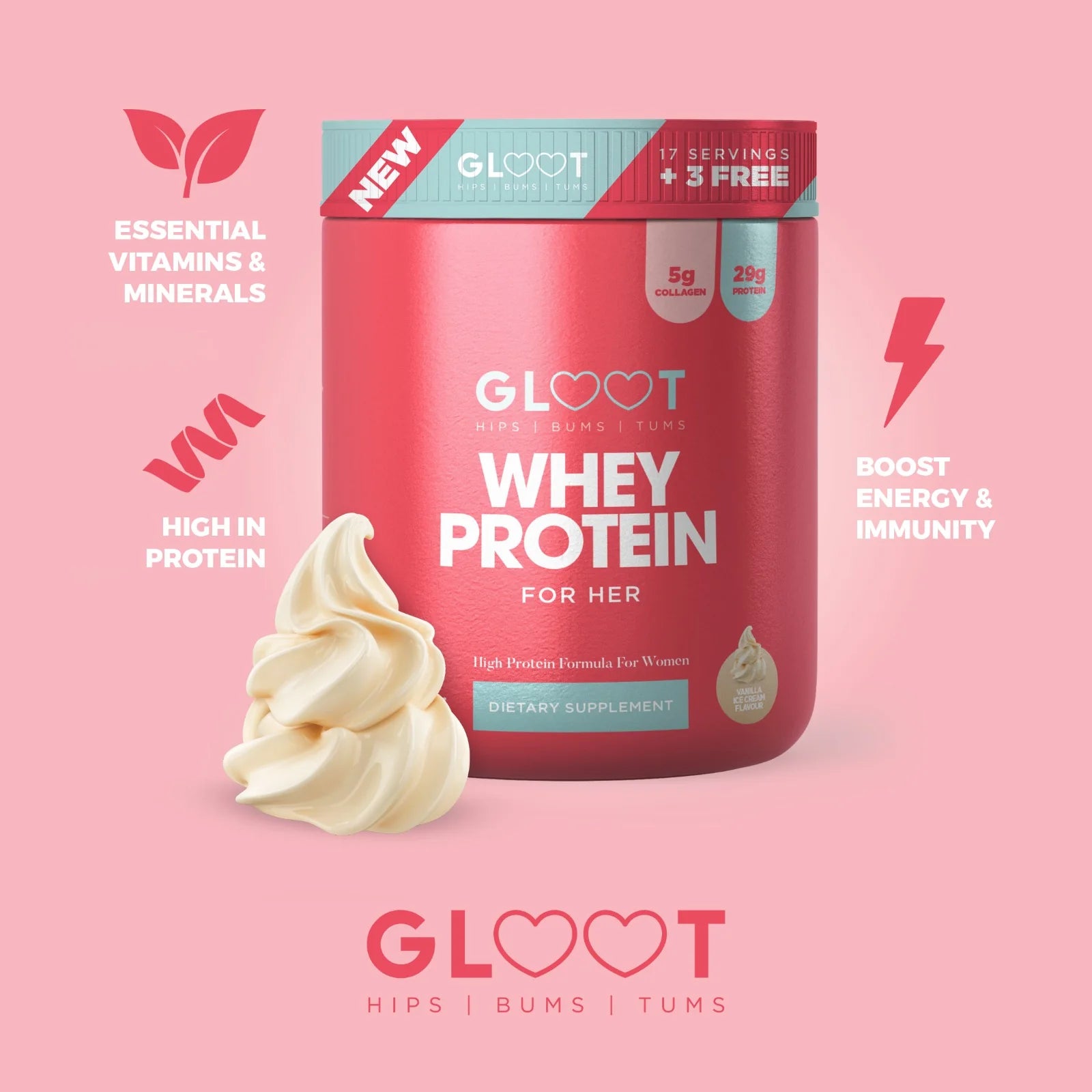 Gloot Whey Protein for her packaging on a pink background Muscle Mecca