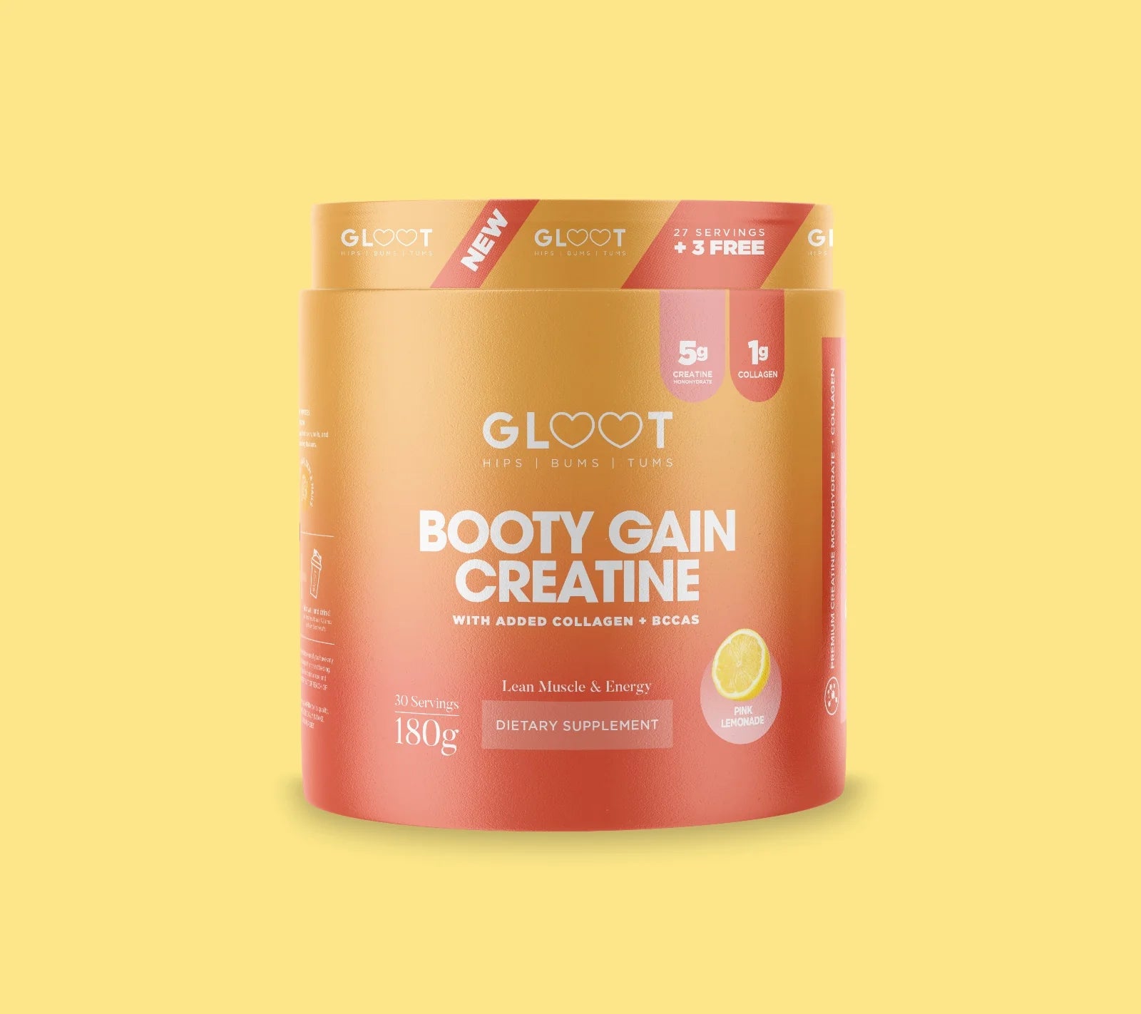 Gloot Booty Gain Creatine supplement container on a yellow background Muscle Mecca