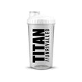 Clear shaker bottle with white lid featuring 'TITAN UNRIVALLED' text on a white background Muscle Mecca