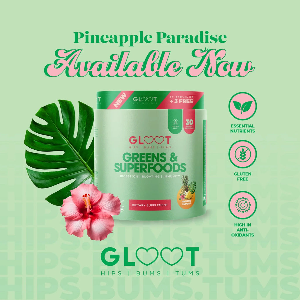 GLOOT Greens & Superfoods supplement container with tropical elements on a green background Muscle Mecca