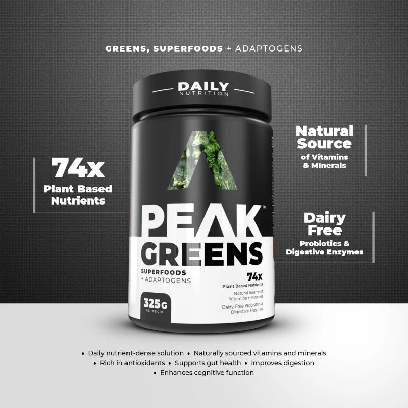 Peak Greens supplement container with branding and product details on a dark background Muscle Mecca