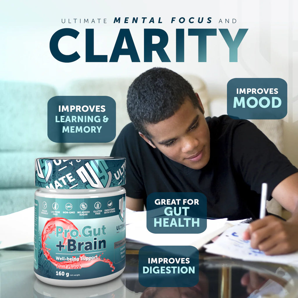 Person studying with Pro.Gut + Brain supplement containers on a table, highlighting benefits like mental focus, clarity, mood improvement, learning memory, gut health, and digestion.