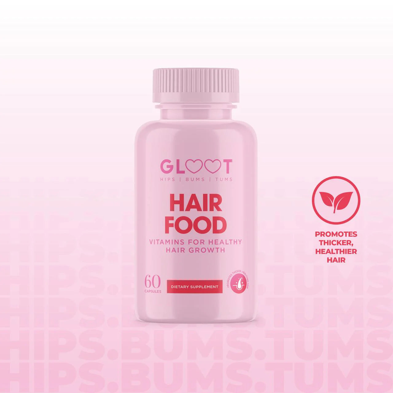 Pink bottle of 'Hair Food' supplements with 'GLOHEART' branding on a pink background Muscle Mecca