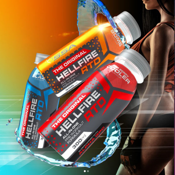 Two bottles of 'The Original Hellfire RTD' supplement with a blurred person in the background. Muscle Mecca