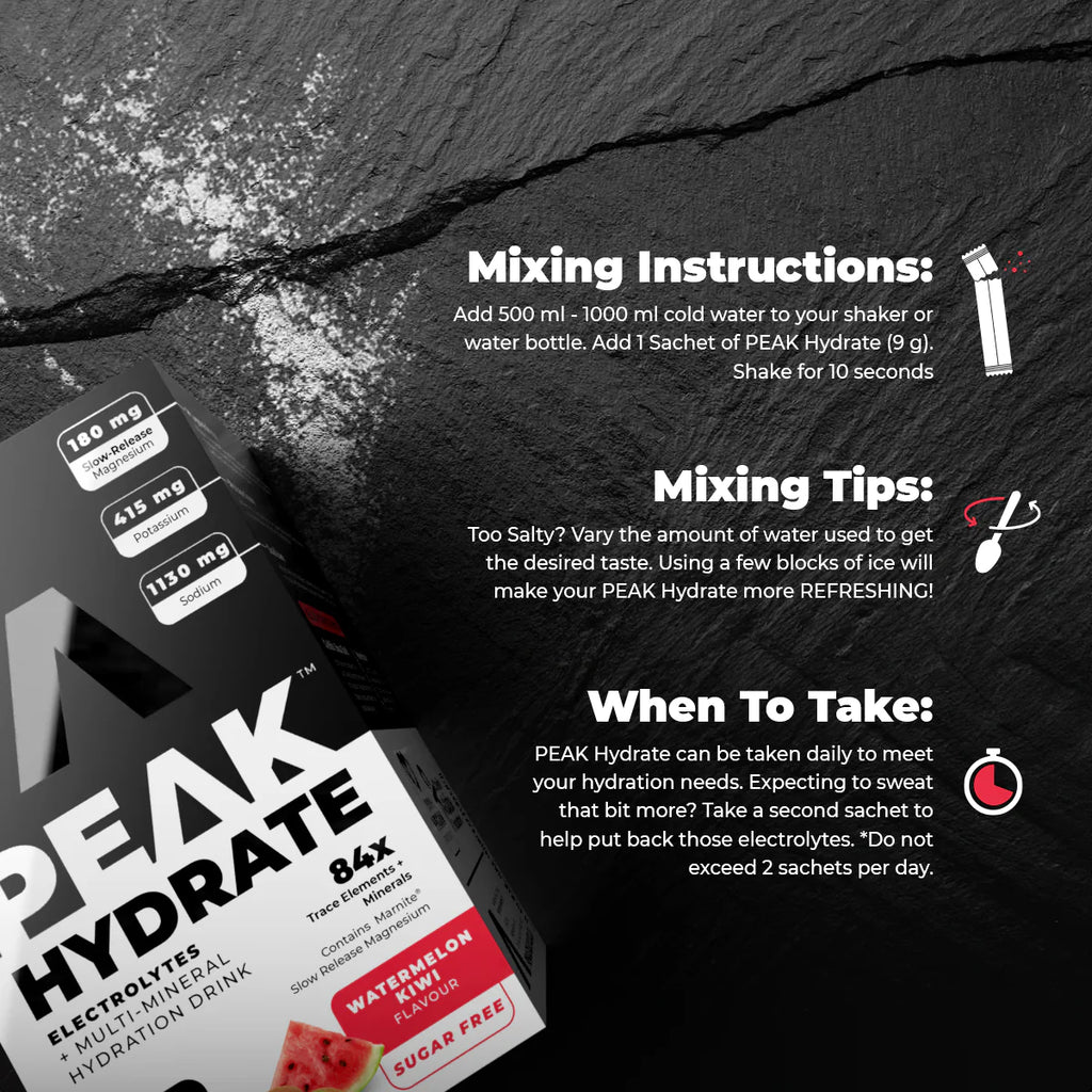 PEAK Hydrate electrolyte supplement packaging with mixing instructions on a dark background Muscle Mecca