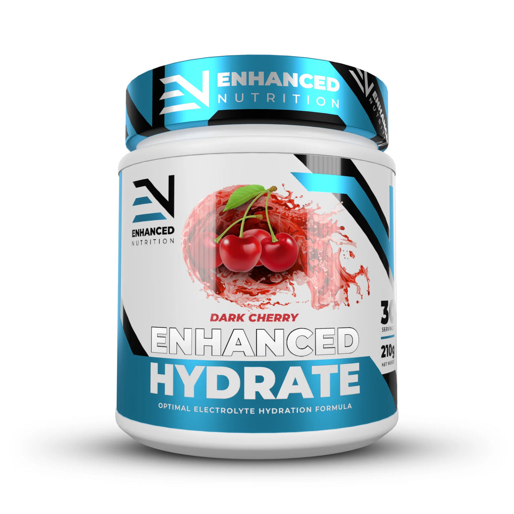 Enhanced Nutrition Dark Cherry Hydrate supplement container on a white background