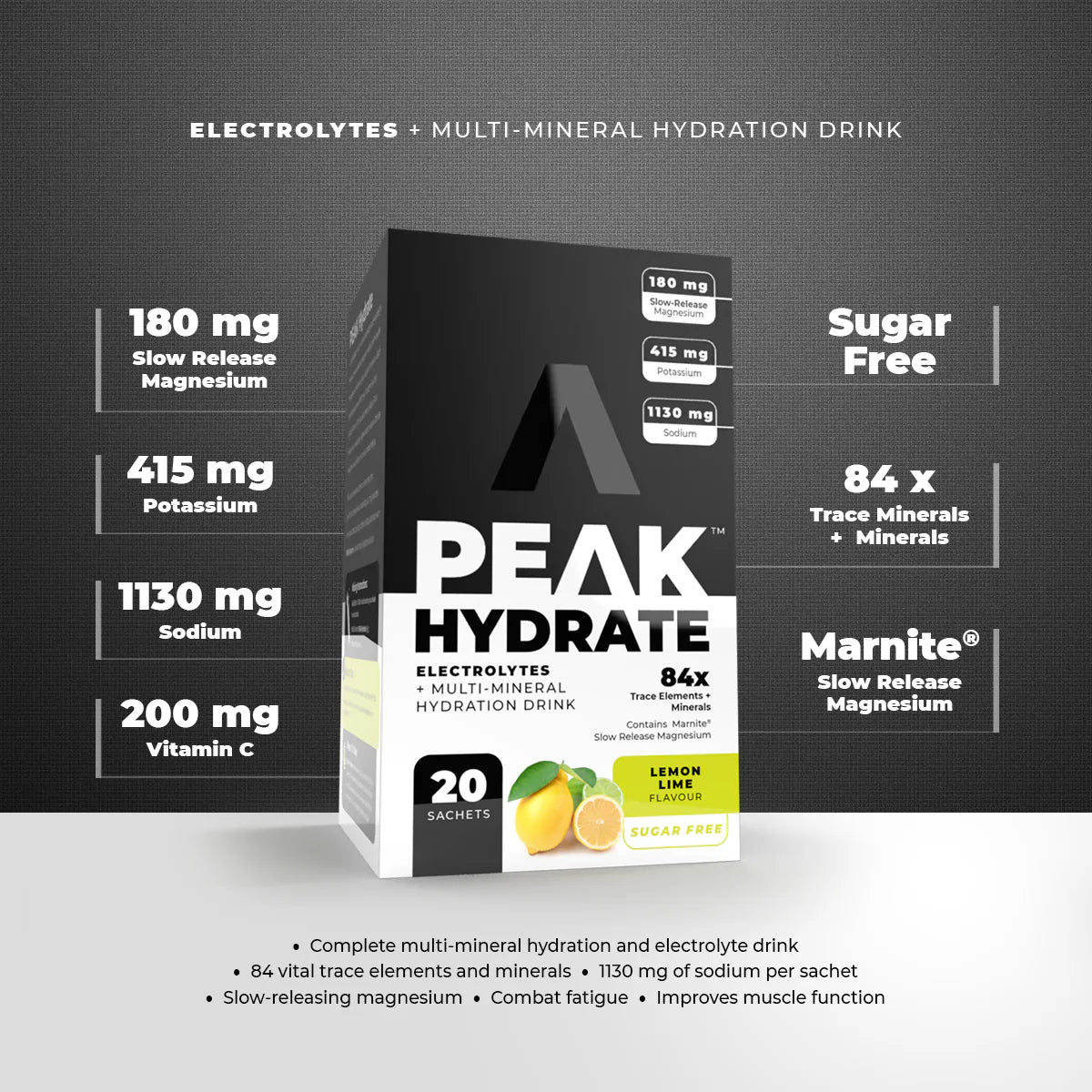 Peak Hydrate electrolytes and multi-mineral hydration drink packaging on a gray background Muscle Mecca