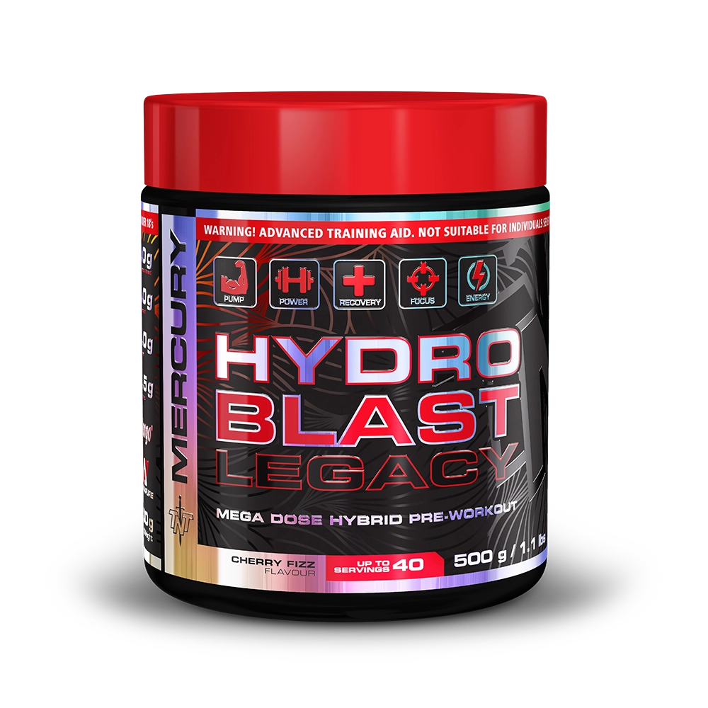 Supplement container labeled 'Hydro Blast Legacy' with red lid on a white background Muscle Mecca