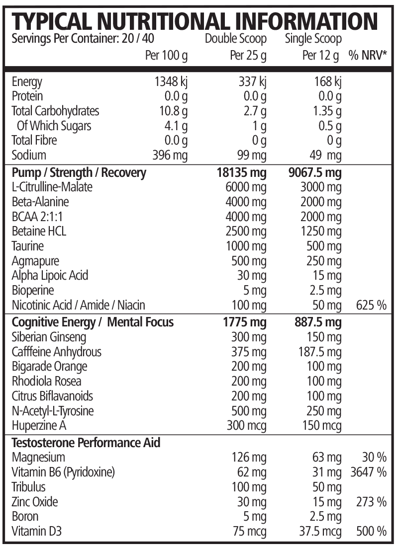 Nutritional information label for a supplement with various ingredients and their amounts per serving.