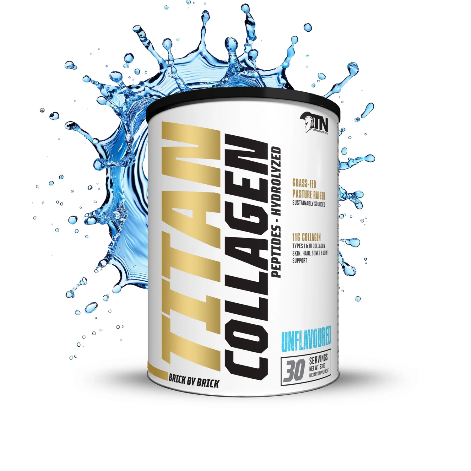 Titan Collagen supplement container with water splash on a white background Muscle Mecca