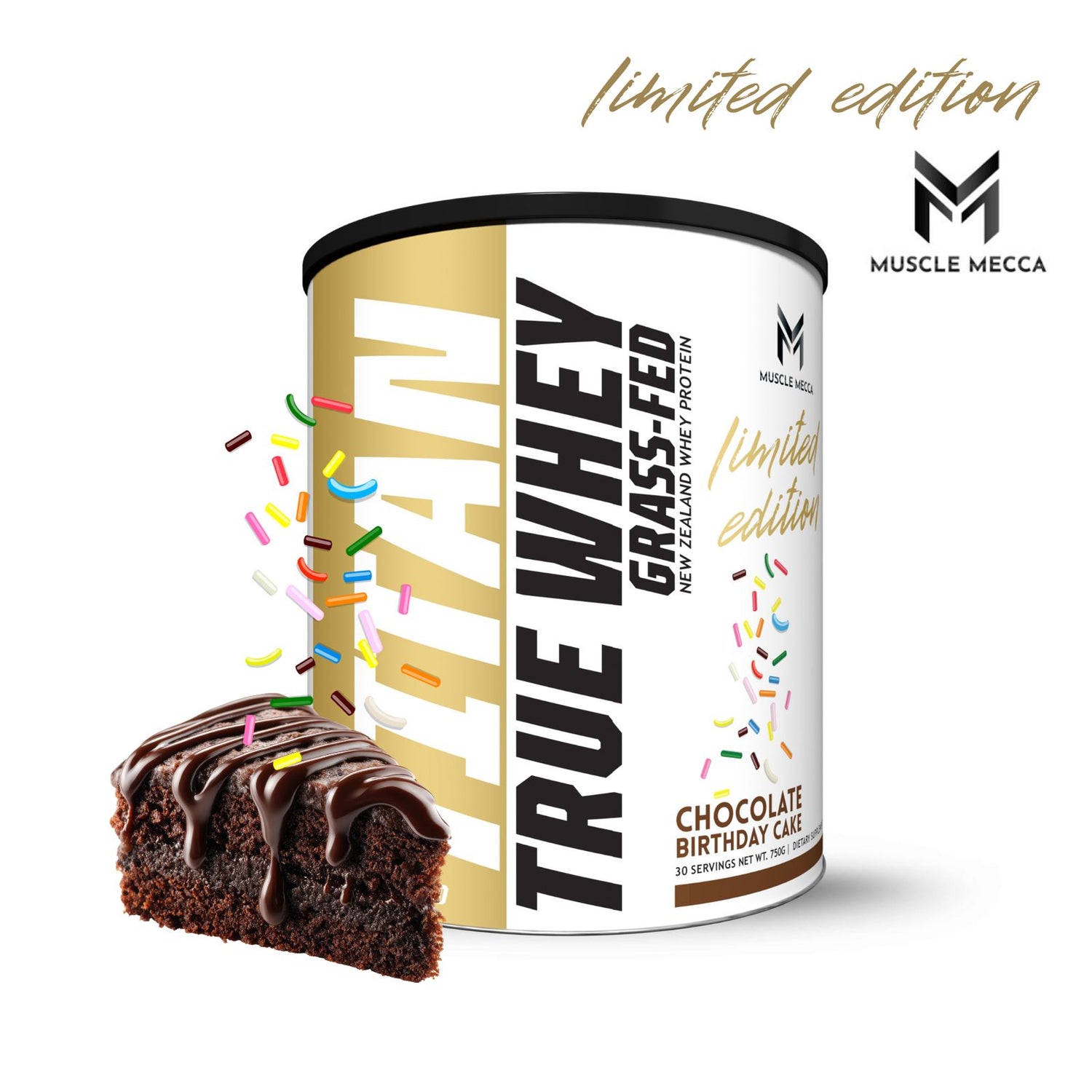 True Whey Grass-Fed protein powder container with chocolate birthday cake flavor on a white background Muscle Mecca