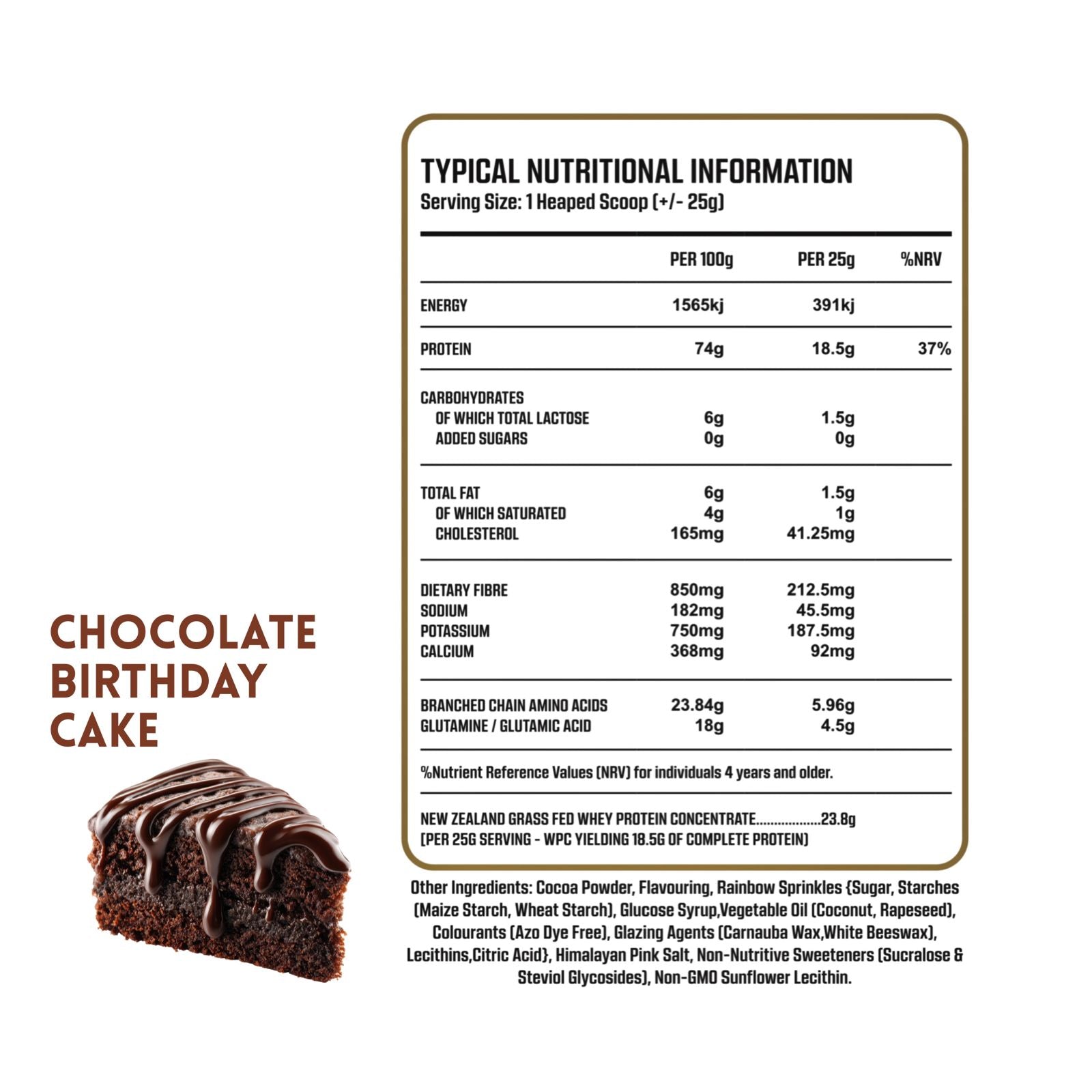 Nutritional information label for chocolate birthday cake with a small piece of cake on a white background.