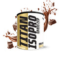 Titan Isopro protein powder container with chocolate elements on a white background Muscle Mecca