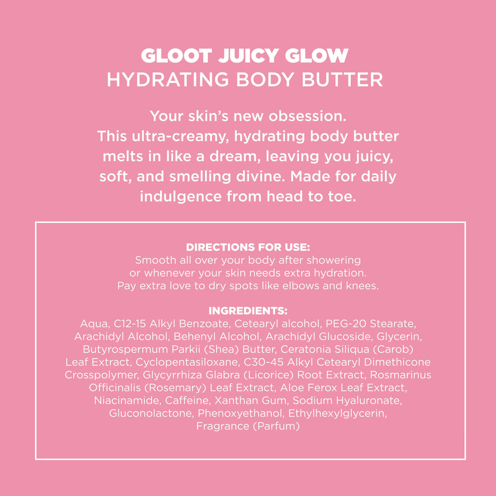 Product description for Gloot Juicy Glow Hydrating Body Butter on a pink background Muscle Mecca