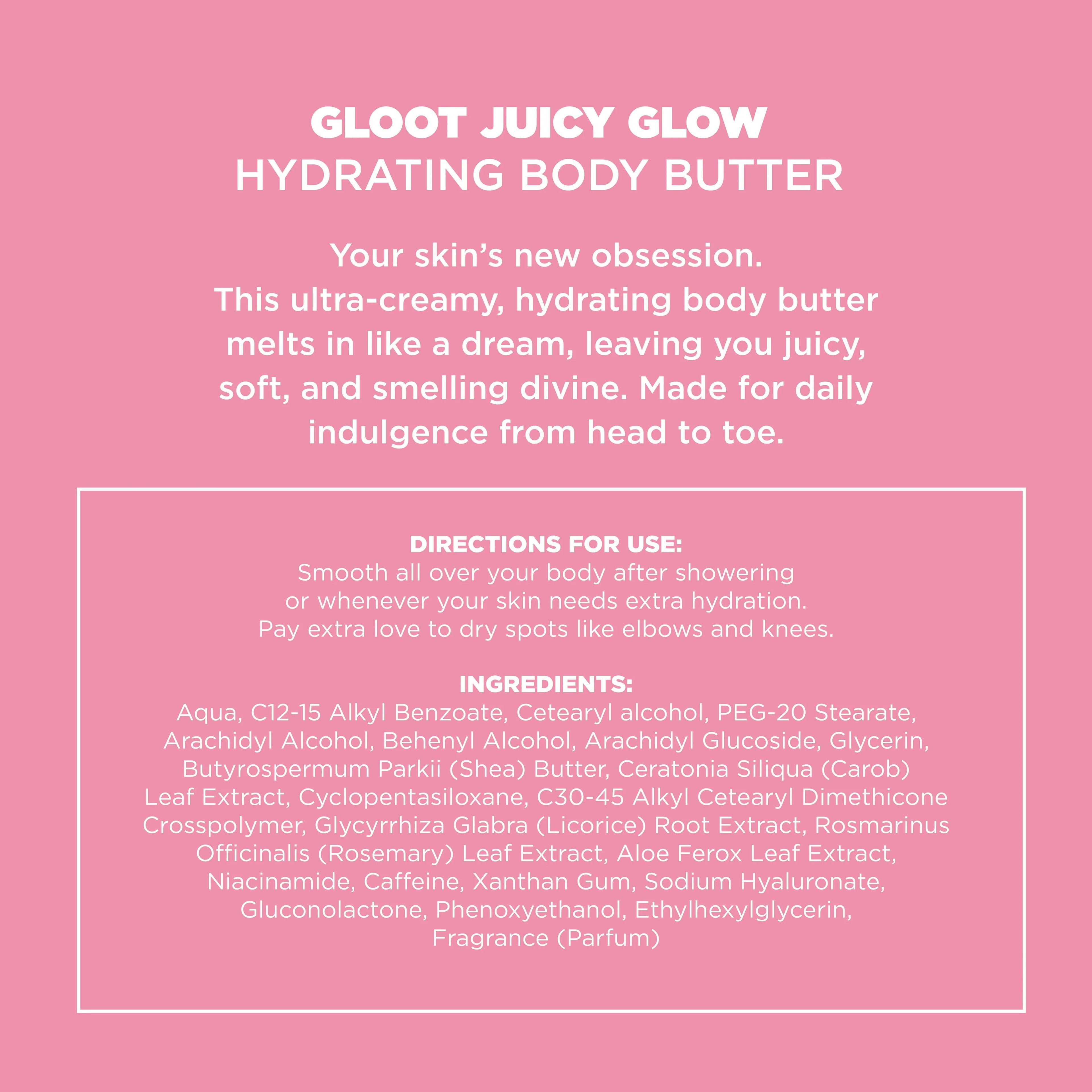Product description for Gloot Juicy Glow Hydrating Body Butter on a pink background Muscle Mecca