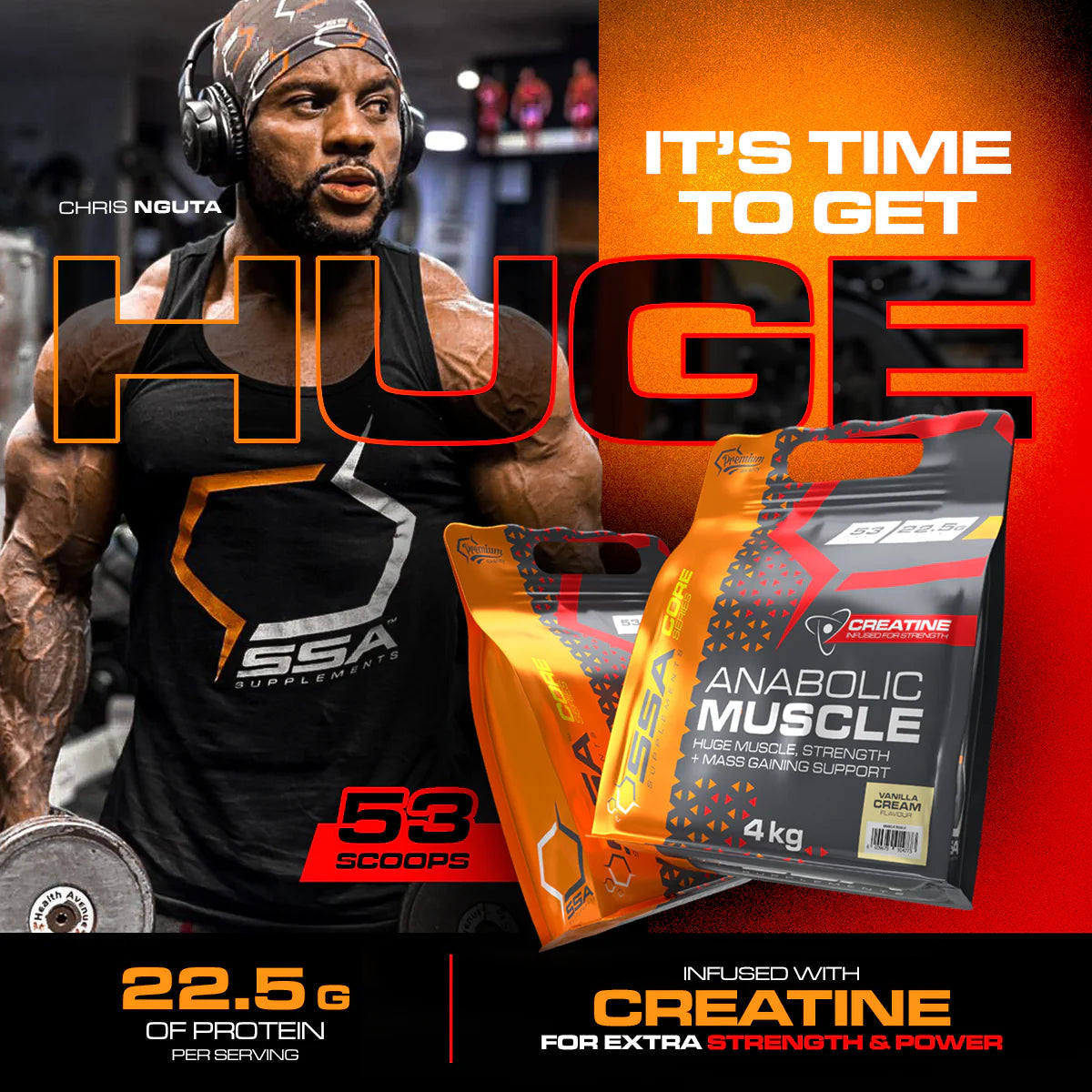 Man holding SSA Supplements packages with promotional text in a gym setting SSA Anabolic Muscle Muscle Mecca