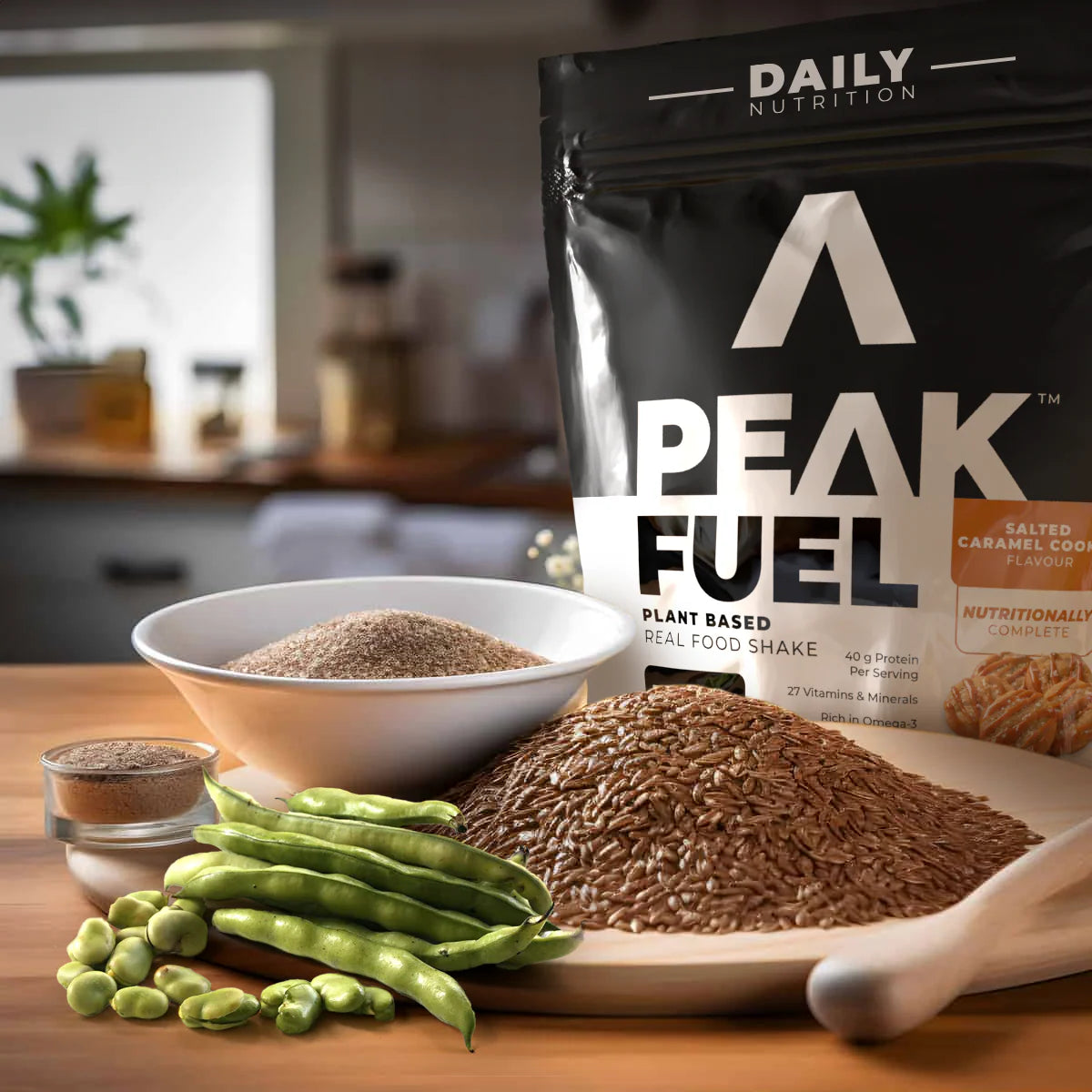 Peak Fuel plant-based food shake package with ingredients on a wooden table Muscle Mecca