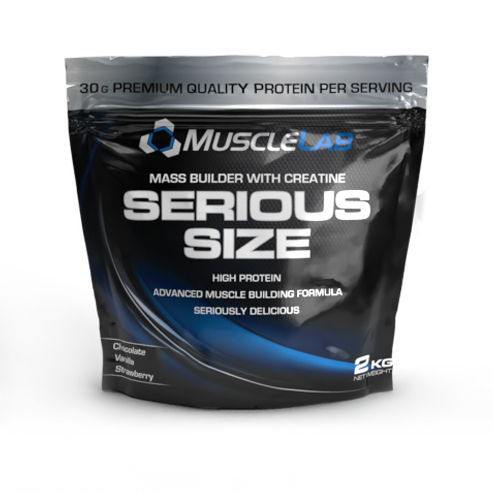MuscleLab Serious Size protein powder package on a white background Muscle Mecca