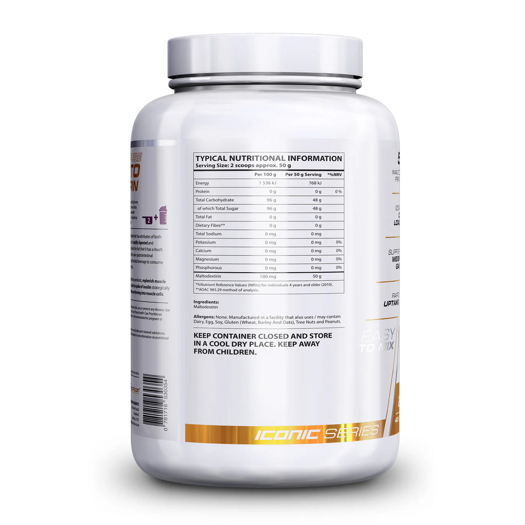 Supplement container with nutritional information and branding on a white background Muscle Mecca