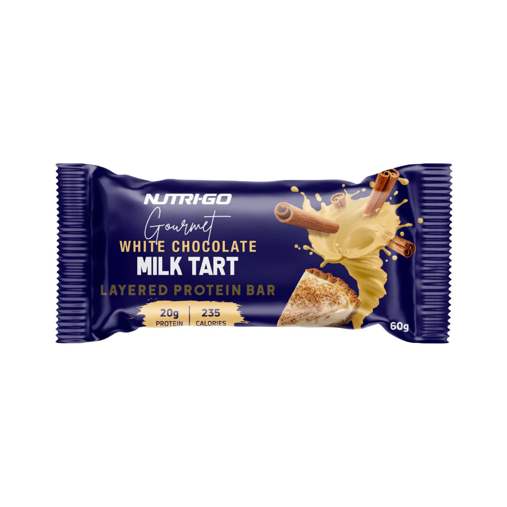 Nutri-Go Gourmet White Chocolate Milk Tart layered protein bar packaging on a white background Muscle Mecca